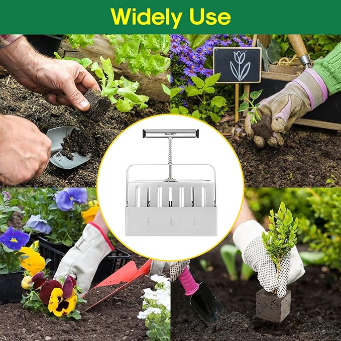 BlumWay Upgraded Soil Blocker 8 Cell Seed Blocker 2 inch Quad Soil Block Maker Manual with 3 Types of Seed PinsHand-held Soil Blocking Tool for Seed Stater Tray Outdoor Plants