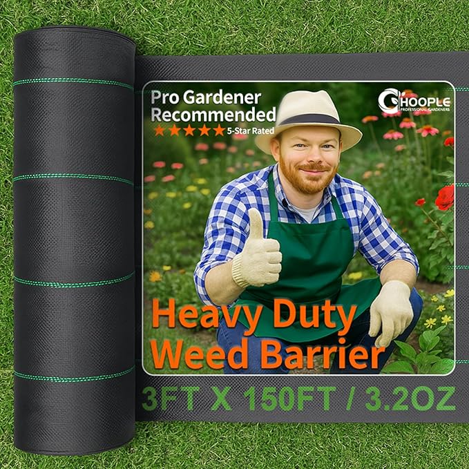 HOOPLE 3ftx150ft Heavy Duty Weed Barrier Fabric Woven Polypropylene Landscape Fabric for Weed Control | Durable Weed Block Ground Cover Garden &amp Driveway Fabric | Commercial Grade Landscaping Fa