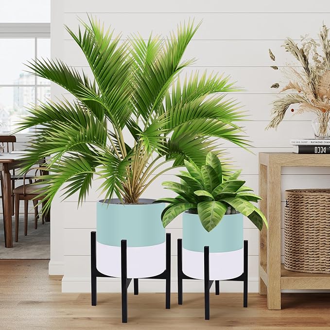 10 &amp 12 Inches Plant Pots with Stand-Large Indoor Planters with with Drainage HolesModern Planting Pots with White and Green Color Matching for Living Room Office Garden Or Balcony