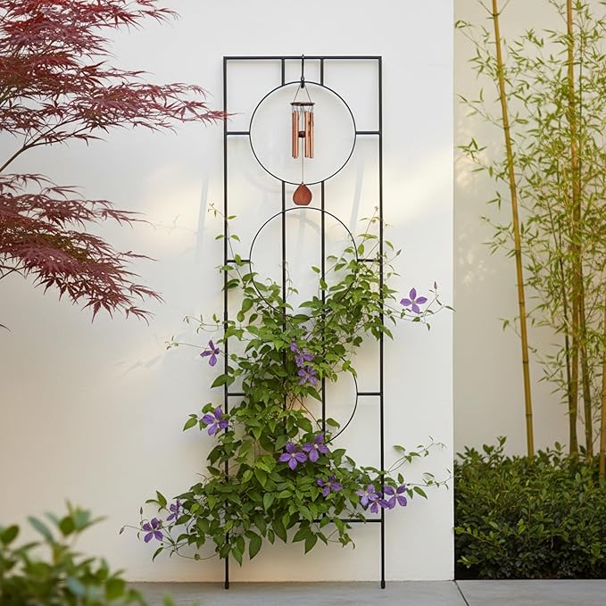 Samsara Wrought Iron Garden Trellis Asian-Inspired Free-Standing Vertical Plant Support with Hanging Hook 79.5 H Black Powdercoated