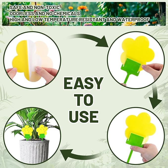 Qualirey 100 Pcs Yellow Flower Shaped Sticky Insect Traps Gnat Sticky Traps Double Sided Bug Killer Fruit Fly Fungus Gnat Catcher with Green Stakes for Indoor Outdoor Plants Kid Pet Safe