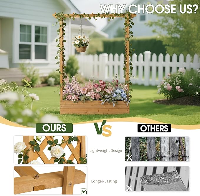 VINGLI Raised Garden Bed with Trellis &amp Hanging Roof Wooden Garden Bed Outdoor Planter Box for Yard Garden Balcony (Teak Color Taller)