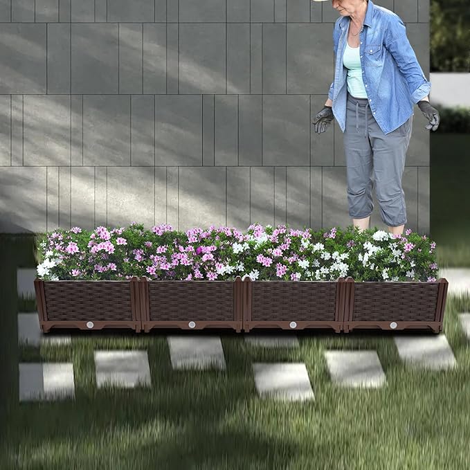 61x15x8.6in Raised Garden Bed Outdoor Elevated Plastic Planting Planter Boxes for Backyard Patio Balcony Floor Standing Rectangular Garden Box Kits with Drainage System -Coffee