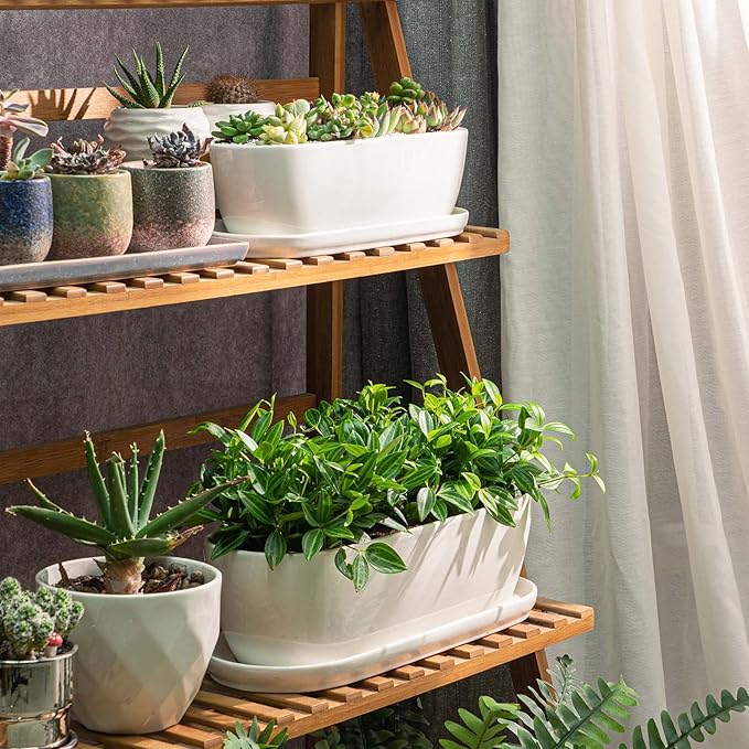 E-liu Ceramic Plant Pots 11+14 inch Set of 2 Planters with Drainage Holes Saucers and Mesh Pads Indoor Flower Succulent Pot with Hole Mesh Pad Gifts for Mom Plants Not Included