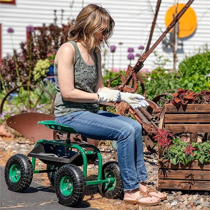 4-Wheel Garden Cart with 360° Swivel Seat - Heavy Duty Rolling Work Seat with Tool Tray &amp Storage Basket 10 Rubber Tires &amp 330lb Capacity for Outdoor Gardening