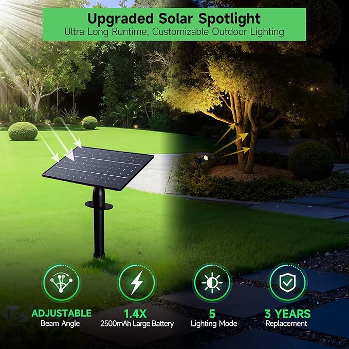 Outdoor Solar Spotlight Adjustable Angle Landscape Spotlight Waterproof 2500mAh All Night Separate Panel LED Uplight Dusk to Dawn 5 Lighting Modes for Outside Patio Wall Path House 4 Pack