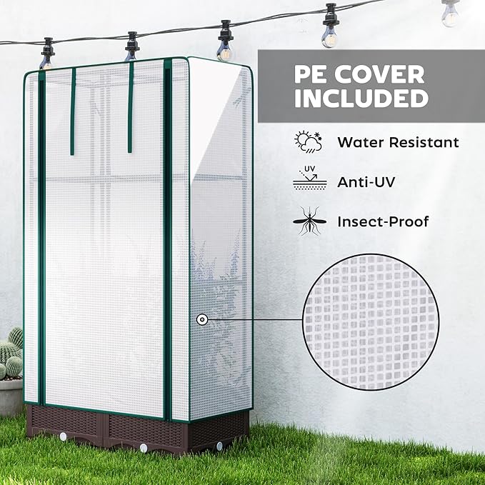 Outsunny Plastic Raised Garden Bed with Trellis Outdoor Planter Box with PE Greenhouse Cover Drainage Holes and Zipper Door for Climbing Plants Herbs and Vegetables 31.5 x 15.7 x 48.8 Brown