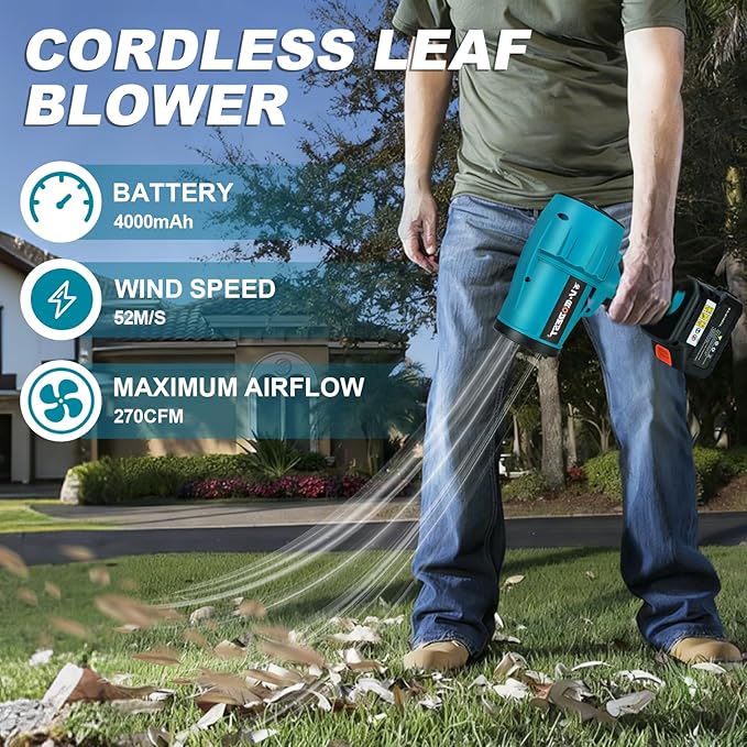 Leaf Blower Cordless Handheld Leaf Blower 500000RPM Brushless with 4.0Ah Battery Lightweight Electric Leaf Blowers for Garage Yard Car Deck Cleaning Blowing Leaves Dust Debris