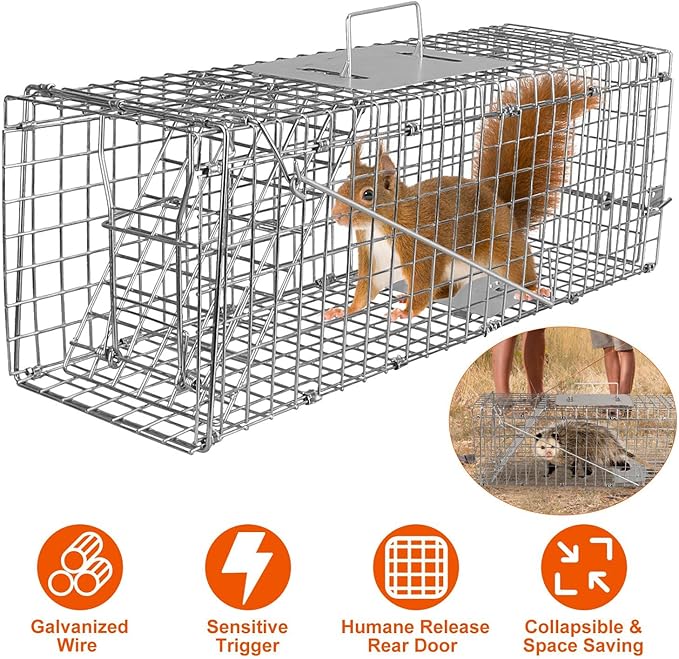 KOCASO 23.3 Live Animal Cage Trap Collapsible Galvanized Wire with Pedal Trigger Humane Trap for Stray Cats Squirrels Raccoons Mice Groundhogs (Silver)