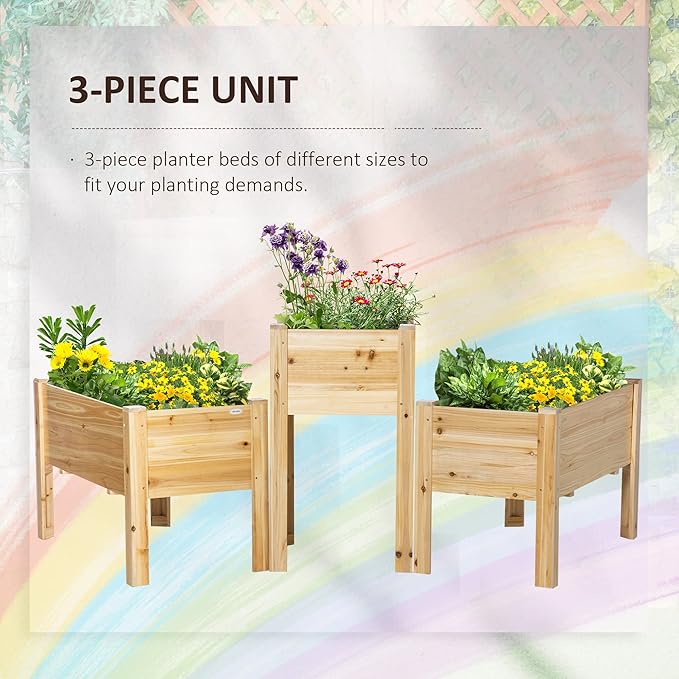 Raised Garden Bed Set of 3 Wooden Elevated Planter Box with Legs and Bed Liner for Backyard and Patio to Grow Vegetables Herbs and Flowers Natural