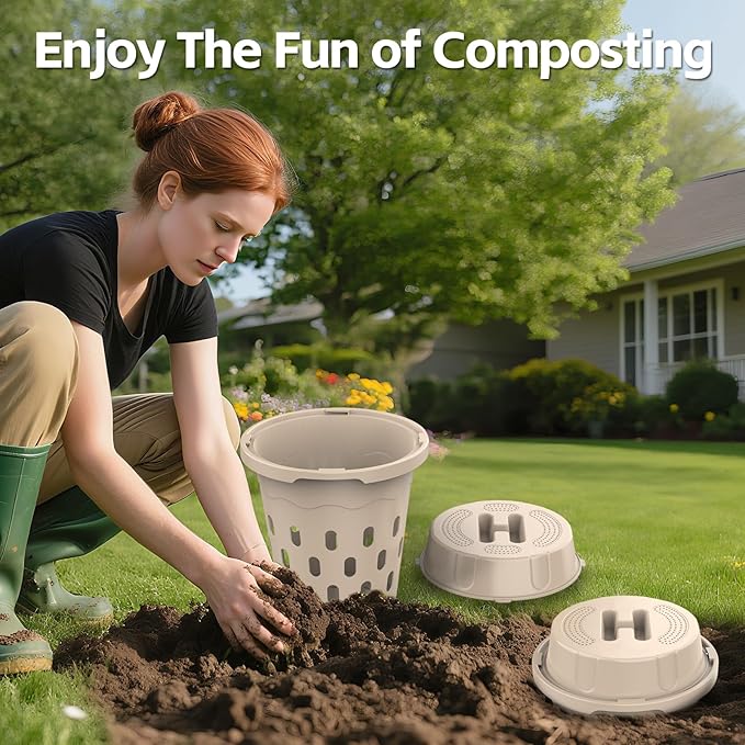 2-Pack Inground Worm Composter 8L Outdoor Worm Farm Worm Compost Bin for Garden Beds &amp Home Use Vermicomposting Bin for Recycling Food Waste (9.5x9.5x10.8Inch) Beige