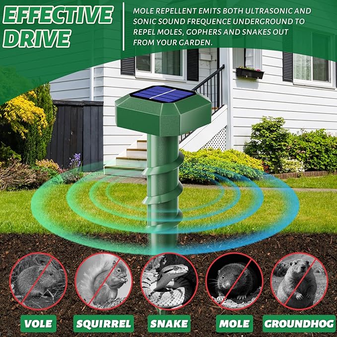 Mole Repellent Solar Powered 6 PackUltrasonic Gopher RepellentIP 65 Waterproof Outdoor Sonic DeterrentEffective Get Rid of Snake Vole Chipmunk Skunk GroundhogFamily &amp Pet Safe