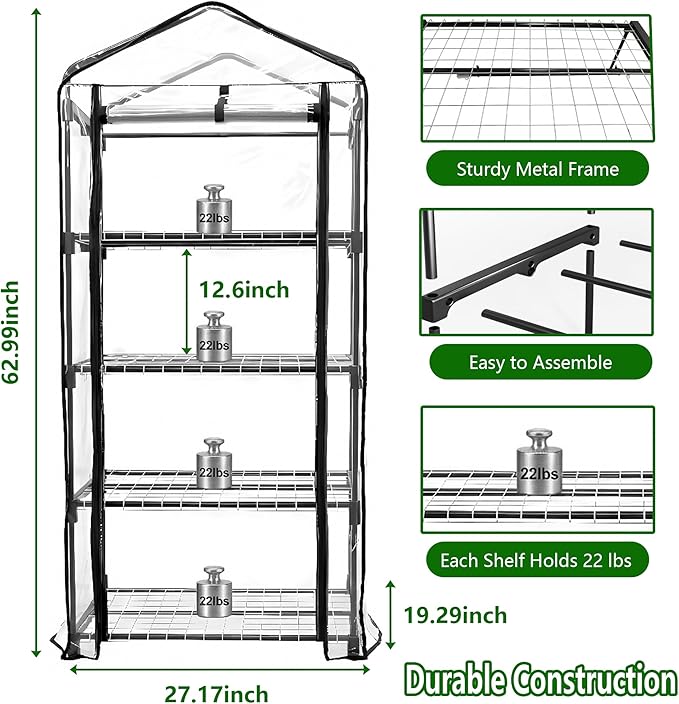 Indoor Greenhouse with Grow Lights 4-Tier Mini Greenhouse w/Multiple Modes Plant Lights &amp Waterproof Base Mat &amp Zippered Door Walk-in Green House for Growing Plants Seed Starting Seed Tray