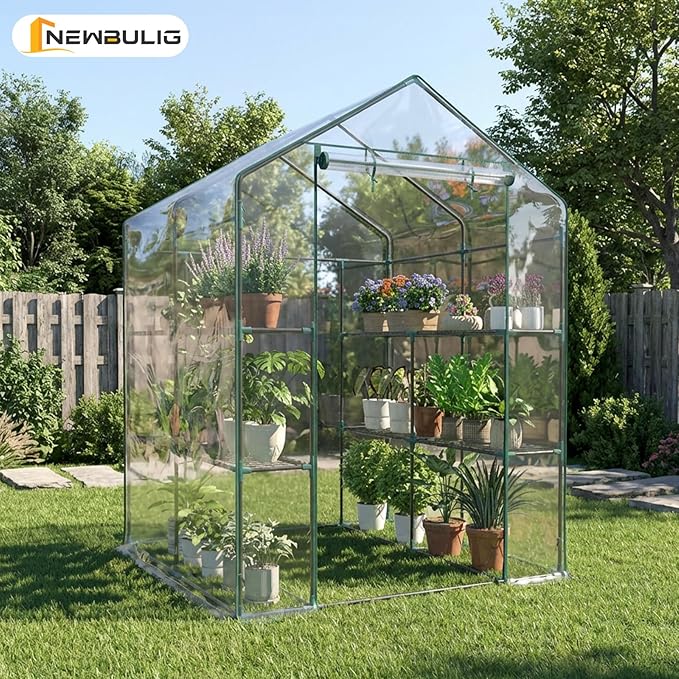 NEWBULIG Walk-in Greenhouse 56.3x56.3x76.7 Outdoor Portable Greenhouse Kit with Thick PVC Cover &amp Roll-Up Zipper Door Sturdy Steel Frame for Backyard Patio Garden Clear