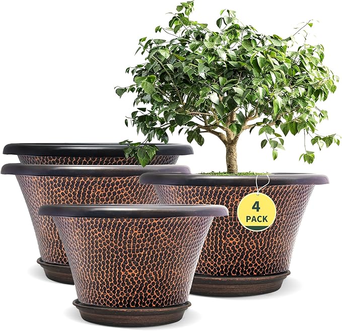 Quarut 12 Inch Pots for Plants4 Pack Large Flower Pots with Drainage Hole &amp SaucerModern Planters for Indoor Outdoor PlantsDecorative Resin Garden Pots Brown
