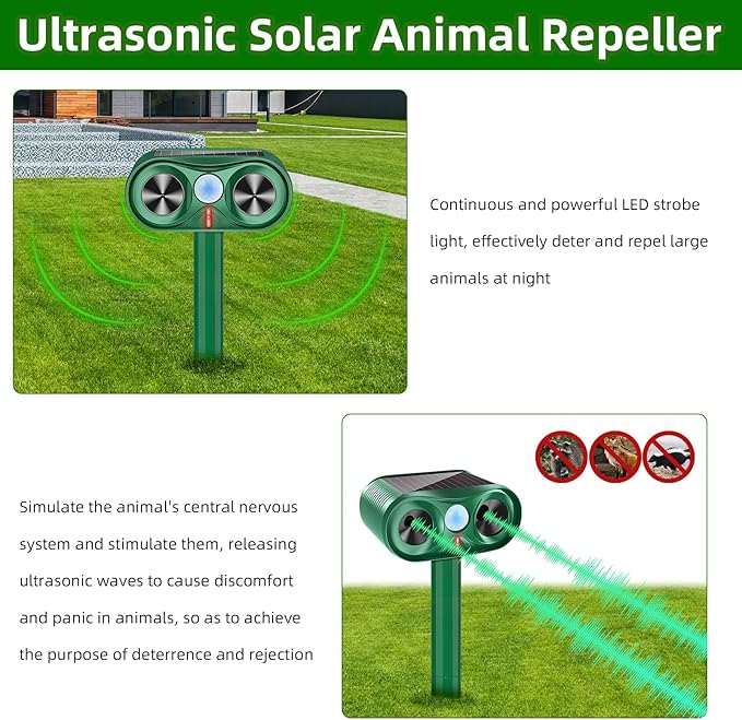 2025 4Pack Deer Deterrent Device Solar Animal Repeller Cat Repellent Outdoor Ultrasonic Animal Repellent with Motion Detection to Scare Coyote Rabbit Squirrel Skunk Dog Fox Repellent for Yard
