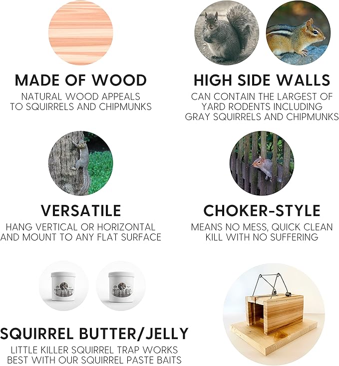 Squirrel Trapping Starter Kit | All You Need to Get Rid of Squirrel Chipmunk Removal in Home Bird Feeder Attic Yard | Little Killer Choker Style Trap + Squirrel Butter + Jelly + Trail Mix Baits
