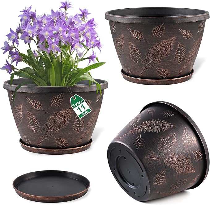 11 inch Plant Pot 3 Pack Large Pots for Plants Flower Pots with Drainage Hole &amp Saucer Modern Planters for Indoor Outdoor Plants Decorative Plastic Garden Pots (Copper)