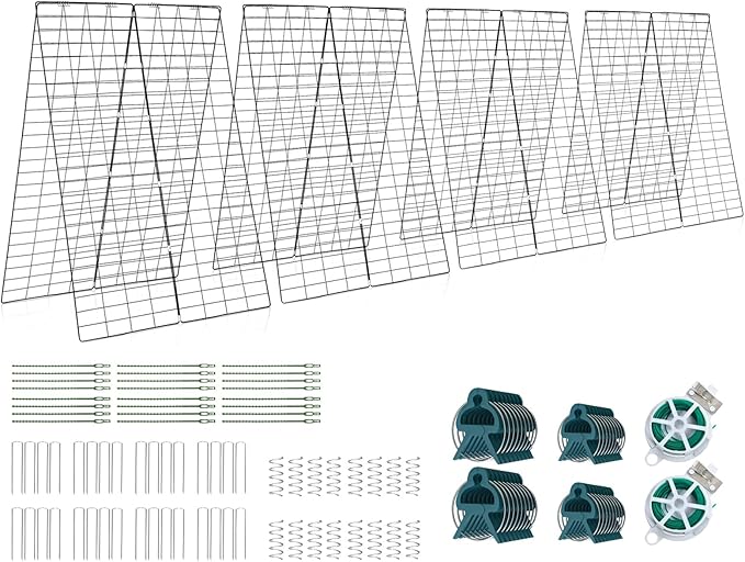 S AFSTAR 46 x 34 Inch Cucumber Trellis for Garden 16 PCS Foldable A-Shape Plant Support W/36 Clips 32 Ground Stakes 16 Spiral Connectors 24 Cable Tie Twist Tie Garden Trellis for Climbing Plants