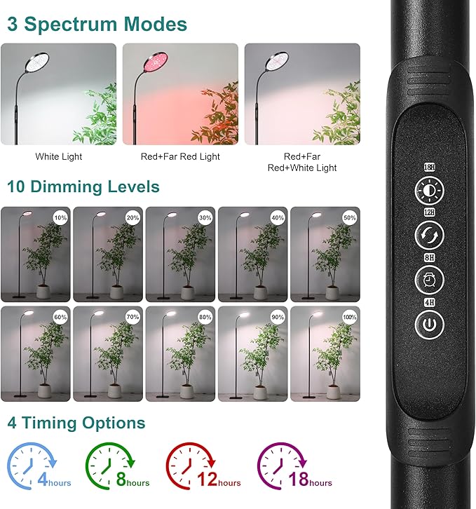 Grow Light for Indoor Plants Full Spectrum Floor Standing Plant Light Remote Control &amp 4/8/12/18H Timer 3 Modes 10 Dimmable Levels Stable Base for Tall Plants Succulents Herbs Black