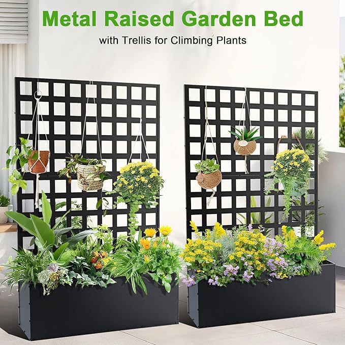 CuisinSmart Metal Raised Garden Bed with Trellis 70.87x46.46x11.81 Planter Box for Climbing Plants Vegetables &amp Vines Features Drainage Holes and Privacy Screen