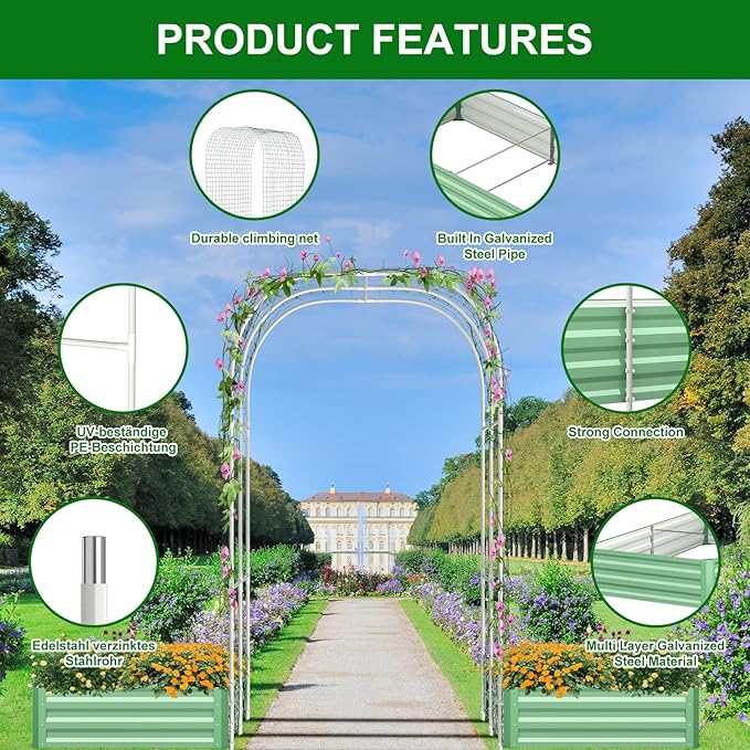 SUNYRISY Galvanized Raised Garden Bed with 87 H Arch Trellis for Climbing Plants Outdoor Large Metal Planter Box with Netting for Gardening Flowers Vegetables Fruit Green