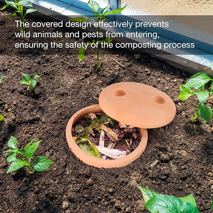 2pcs Underground Compost Bin 10 * 4.13 * 4.13Inch Garden Worm Farm Outdoor for Organic Refuse Red Pottery Ceramics Compost Bin with Holes and Lid Clay for Garden