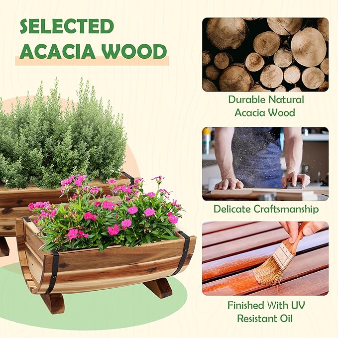 Solid Acacia Wood Half Barrel Planters Outdoor Set of 2 Different Sizes Wooden Planters for Outdoor Plants with Metal Bands &amp Drainage Holes Legs Included Natural