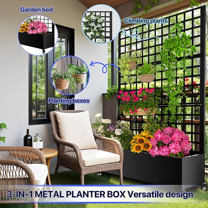 Metal Planter Box with Trellis72x47x16Galvanized Steel Outdoor Raised Garden Bed with Privacy Screenwith Drainage Holes &amp Lockable Casters for Climbing PlantsVinesand Vegetables(Grid-Black)