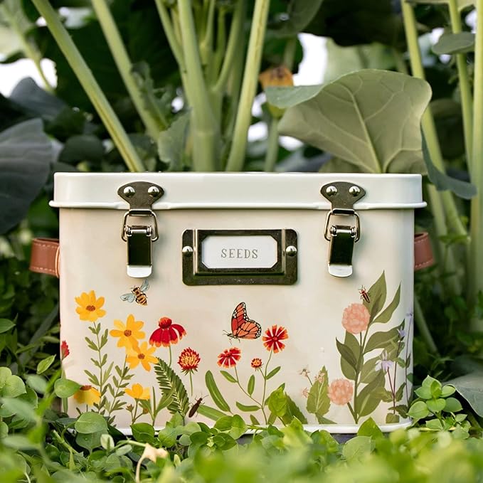 1Canoe2 Wildflower Botanicals Tin Seed Organizer Storage Box Garden Seed Packet Vault Container Gardening Supplies Greenhouse Accessories Gardening Gifts for Women