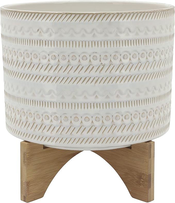 Generic 10 Tribal Planter W Wood Stand Beige