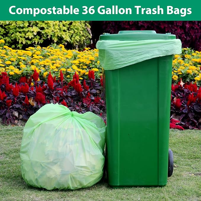GreFusion Compostable 36 gallon Trash Bags Extra Thick 1.28 Mills Compost 36 Gal Trash Bags (Kitchen Tall Garbage Bags) Compostable Lawn &amp Leaf Yard Waste bagsASTM D6400Bpi Certified