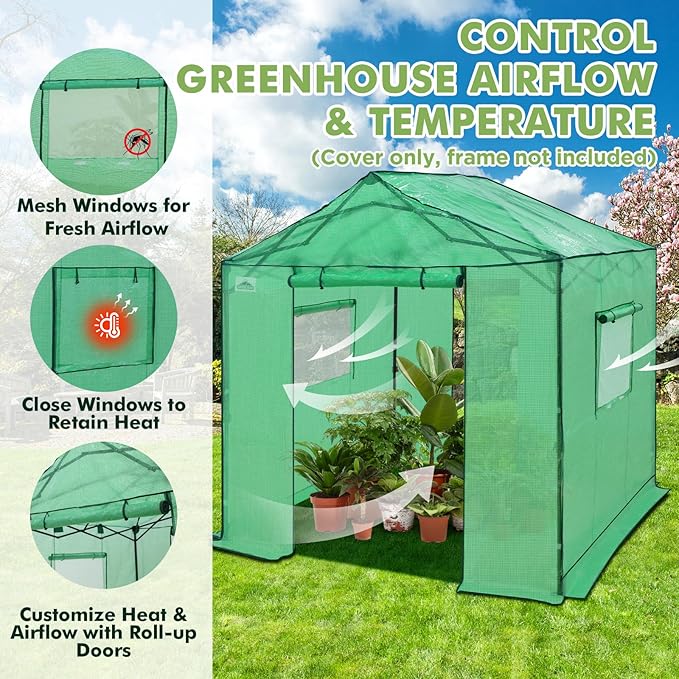 EAGLE PEAK Replacement Cover for 8x8 Gable Roof Pop up Greenhouse Front and Rear Roll-Up Zipper Entry Doors and 2 Large Roll-Up Side Windows (Frame Not Included) Green