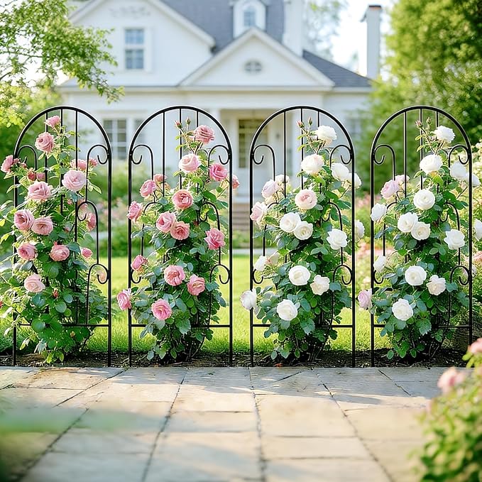 4 Pack Arched Metal Garden Trellis for Climbing Plants 45 H x 15.9 W – Rustproof Iron Trellis with Decorative Scrollwork Metal Trellised Wire Lattices Grid Panels for Roses Clematis Vines