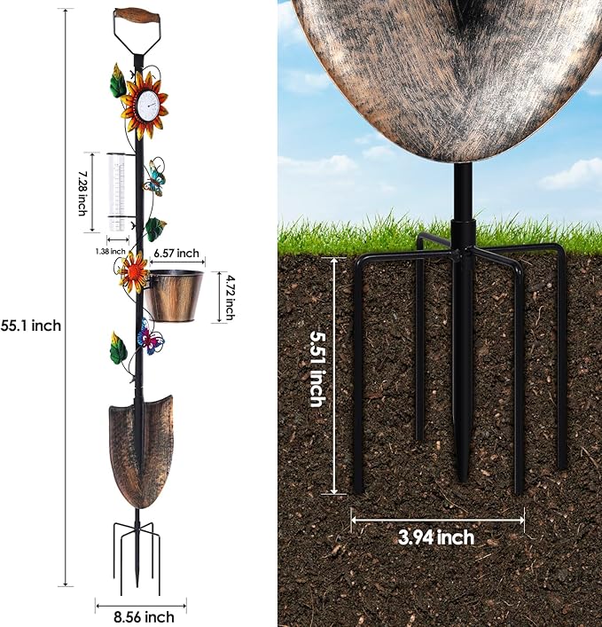 Garden Trellis with Thermometer Rain Gauge Outdoor 55 Inch Shovel Plant Trellis with Planters for Climbing Plants - Decorative for Patio Lawn Yard Backyard