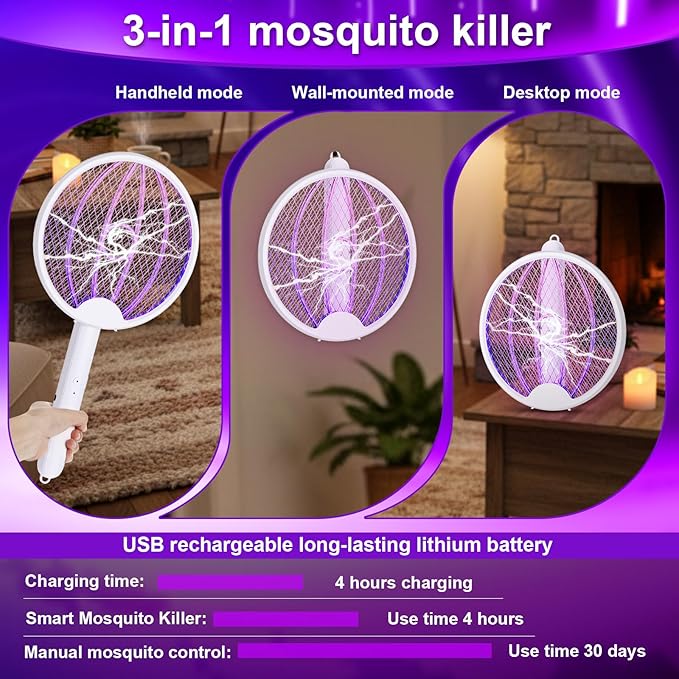 Qualirey 4 Pcs Electric Fly Swatter Bug Zapper Racket 2 in 1 USB Rechargeable Mosquito Racket 3000v High Powered Mosquito Killer for Indoor Outdoor Home Bedroom Kitchen Patio Office Insect (Foldable)