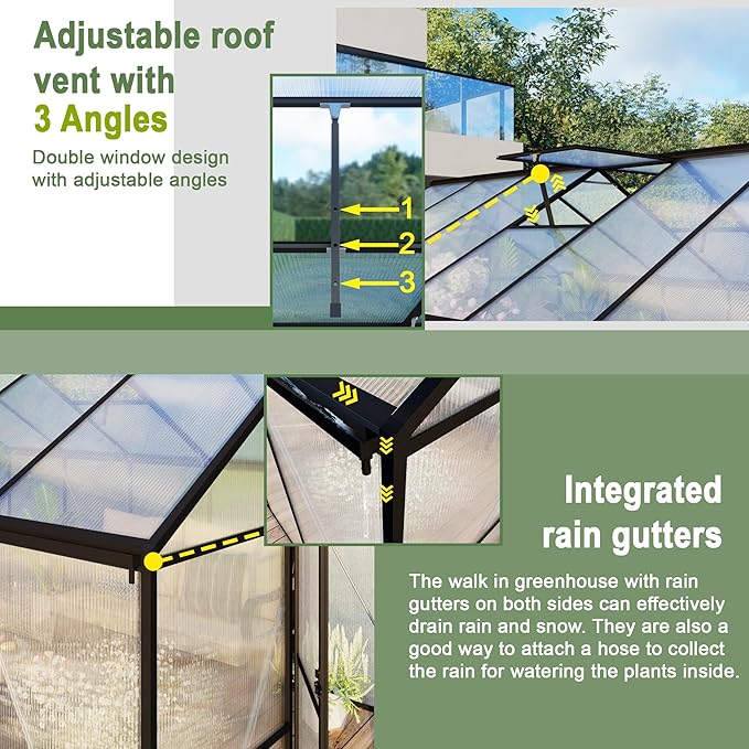 8X10 FT Greenhouses for Outdoors Aluminum Large Polycarbonate Greenhouse Quick Setup Walk in Green House with Roof Vent and Swing Lockable Door for Outside Black (119 W x 96 D x 77 H)