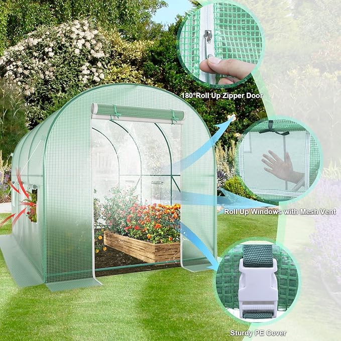 10x7x7 Walk-in Greenhouse with Watering System Heavy Duty Green House for Outdoors Portable Green Houses for Outside Winter Hot House with Metal Frame &amp Roll-up Zipper Door Screen Windows