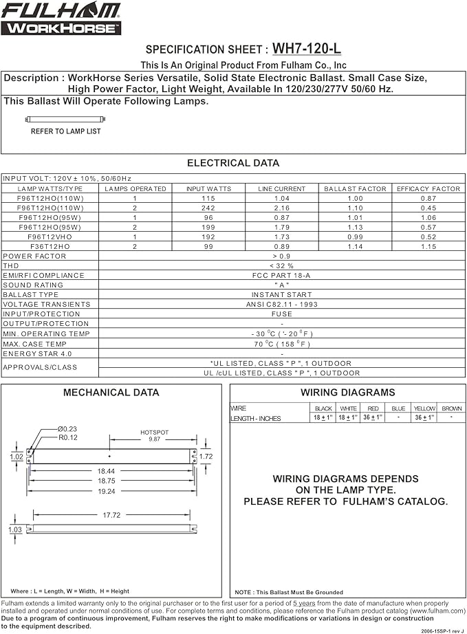 Fulham Lighting WH7-120-L Workhorse 7 Versatile Fluorescent Ballast 120V