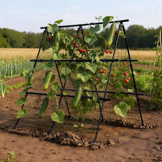 Cucumber Trellis Set A-Shaped Plant Holder with Garden Net &amp Plant Clips Adjustable Width Trellis Metal Plant Support for Climbing Plants Flowers Useful Plants 120 x 120 cm Black