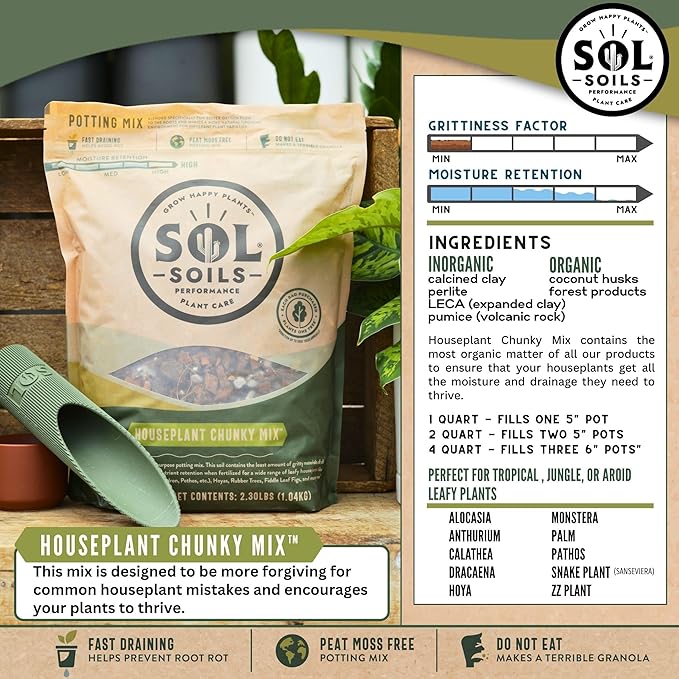 Sol Soils Houseplant Chunky Mix - Fast Draining Chunky Soil Mix for Indoor Plants - 1 Gallon - Coco Coir Perlite Pumice