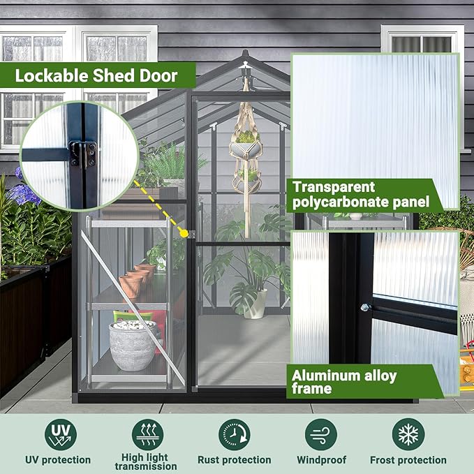 6x8 FT Walk-in Greenhouse Kit with Polycarbonate Panels &amp Aluminum Frame Green Houses for Outside with 2 Vents Greenhouses for Outdoors with Lockable Door Backyard Discovery Greenhouse (Black)