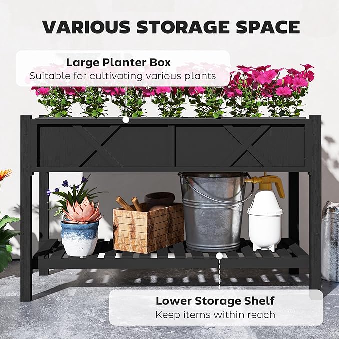 Elevated Wood Planter Box with Storage Shelf &amp Liner Raised Garden Bed with Drainage Holes Complete Gardening Solution for Patio Deck &amp Backyard (Black)