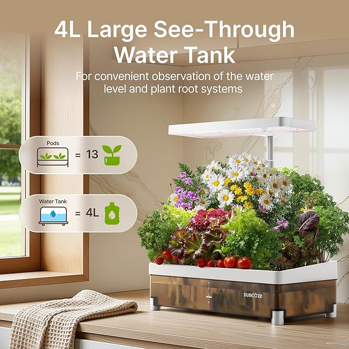 SUNCOZE Hydroponics Growing System Kit 13 Pods Indoor Garden with Dimmable Grow Light 4L Visible Water Tank with Adjustable Height to 12.8Digital Timer &amp Water/Nutrient Reminder Gardening Gif