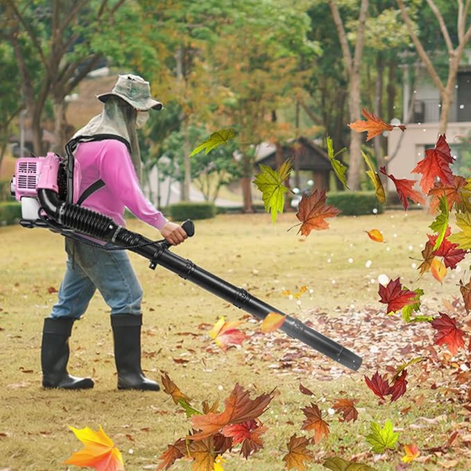 63CC Backpack Leaf Blower Gas Powered 3HP 2-Stroke Engine 665CFM High Velocity Air Cooling System Adjustable Backpack Blowers Gas for Lawn Garden Yard Snow Gutter Cleaning (Girls Pink)