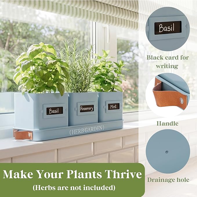 PERFNIQUE Indoor Herb Garden Herb Garden Planter Set with Tray Farmhouse Indoor Plant Pots Windowsill Herb Garden with Drainage(Planter only) for Indoor/Outdoor Window Pots(Sky Blue)