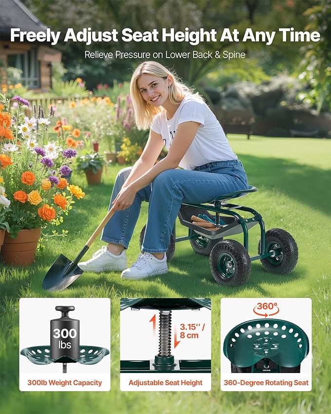 VEVOR Rolling Garden Cart with Swivel Seat Heavy Duty Garden Seat with Storage Basket &amp Tool Tray 300 lbs Weight Capacity Outdoor Utility Gardening Stool Scooter for Lawn Yard Planting Weeding