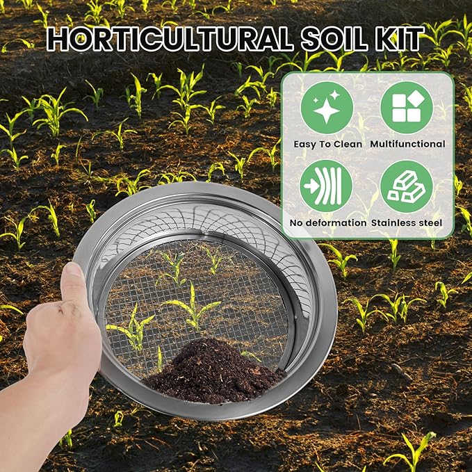 Soil Sifter Garden Sieve Soil Sieve Garden Soil Sifter Compost Sifter Bonsai Soil Sieve Rock Sifter Soil Sifter Fine Screens Shovel Set with 5 Interchangeable Filter Mesh Sizes 1/3/6/9/12mm