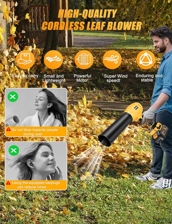 Leaf Blower Cordless Powerful Handheld Electric Blower with 2×21V Batteries Lightweight Leaf Blower for Lawn Care Patio Leaves Snow &amp Dust Removal (Yellow Leaf Blower)
