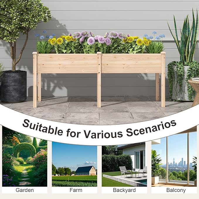 HAPPYGRILL Raised Garden Bed Outdoor Planter Raised Bed w/Drainage Holes Divider Panel 6 Supporting Legs Elevated Wood Planter Box for Backyard Patio Balcony 73” x 23” x 30” (Natural)